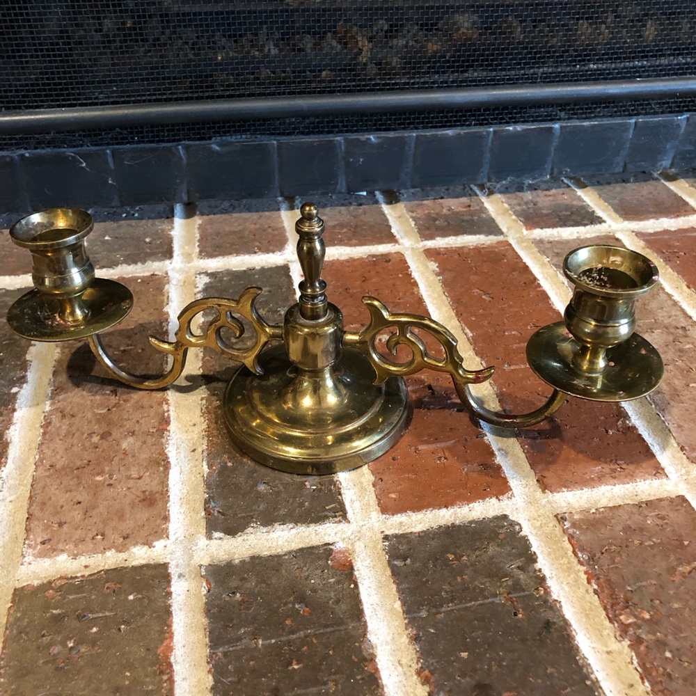 adorable vintage brass colonial candelabra with 2 arms 11” long 4.5” wide